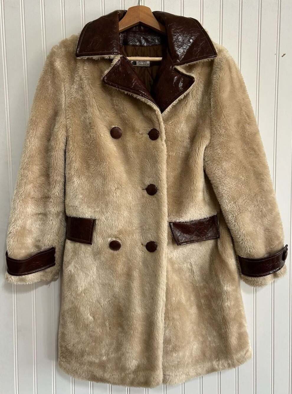 Vintage 1970's Fingerhut Fashions Tan Faux Fur & Brown Vinyl Trim Coat Size 12